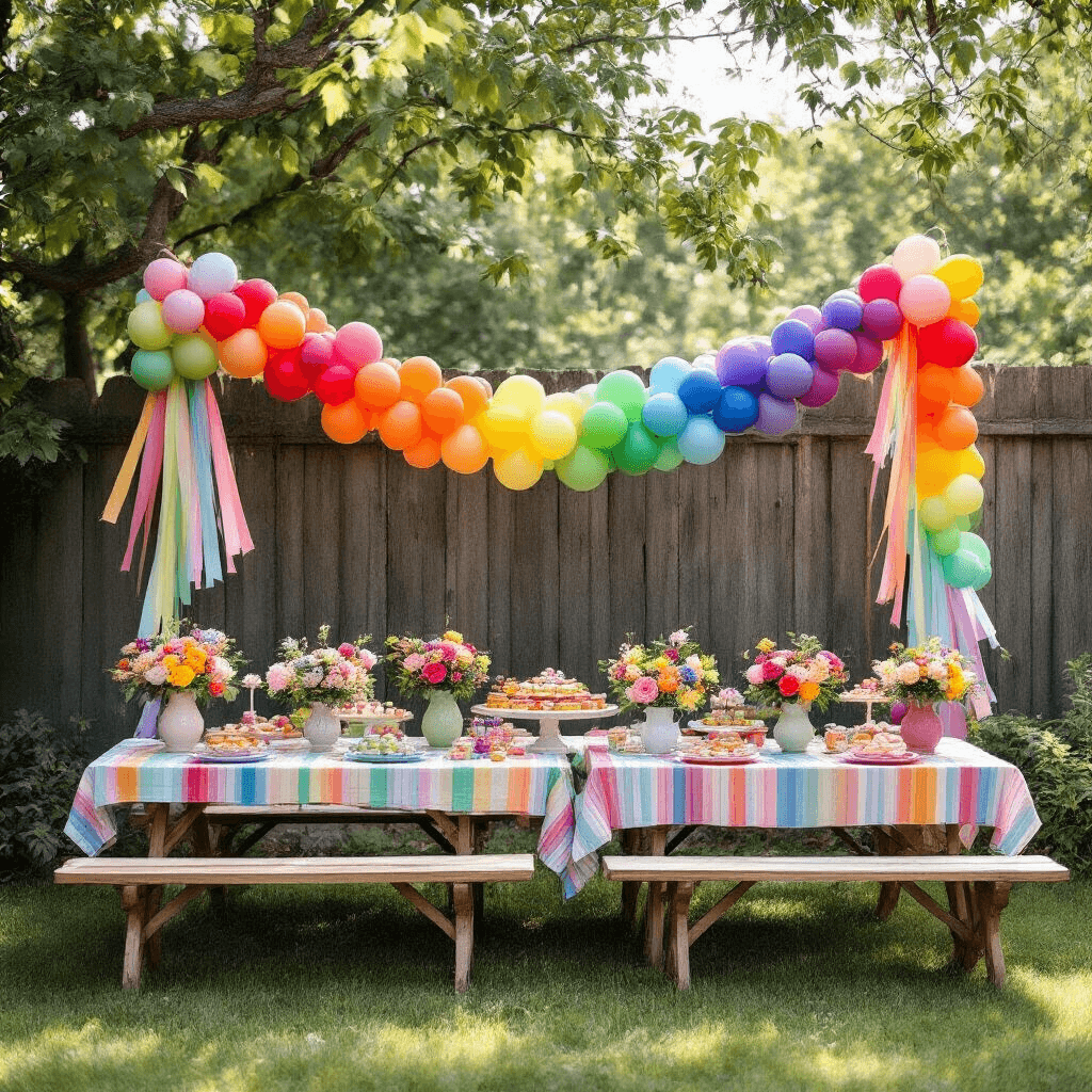 Birthday Balloon Decoration Options That Won't Make You Want to Pop Overhead view of a whimsical garden party setup with a rainbow balloon garland along a wooden fence, colorful striped picnic tables adorned with jewel-toned balloon bouquets and fresh flowers, while DIY balloon flowers and pastel streamers add charm under soft morning light filtering through trees.