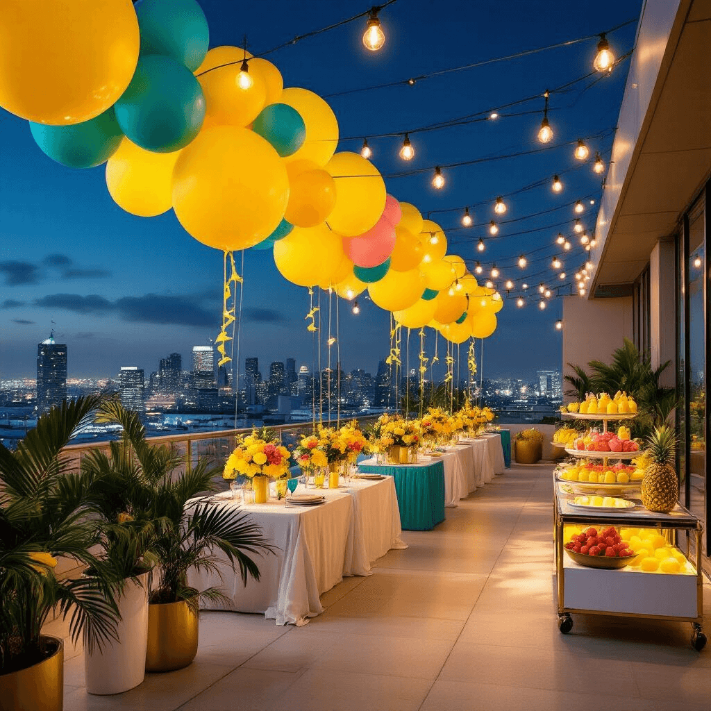 Yellow Latex Balloons: Your Complete Guide to Finding the Perfect Party Pop of Sunshine Tropical rooftop terrace celebration at night featuring vibrant yellow balloon installations, modern geometric planters with palm fronds, tables with yellow and turquoise balloon centerpieces and tropical flowers, string bistro lights, and a dessert cart decorated with pineapple-shaped balloons against a city skyline.