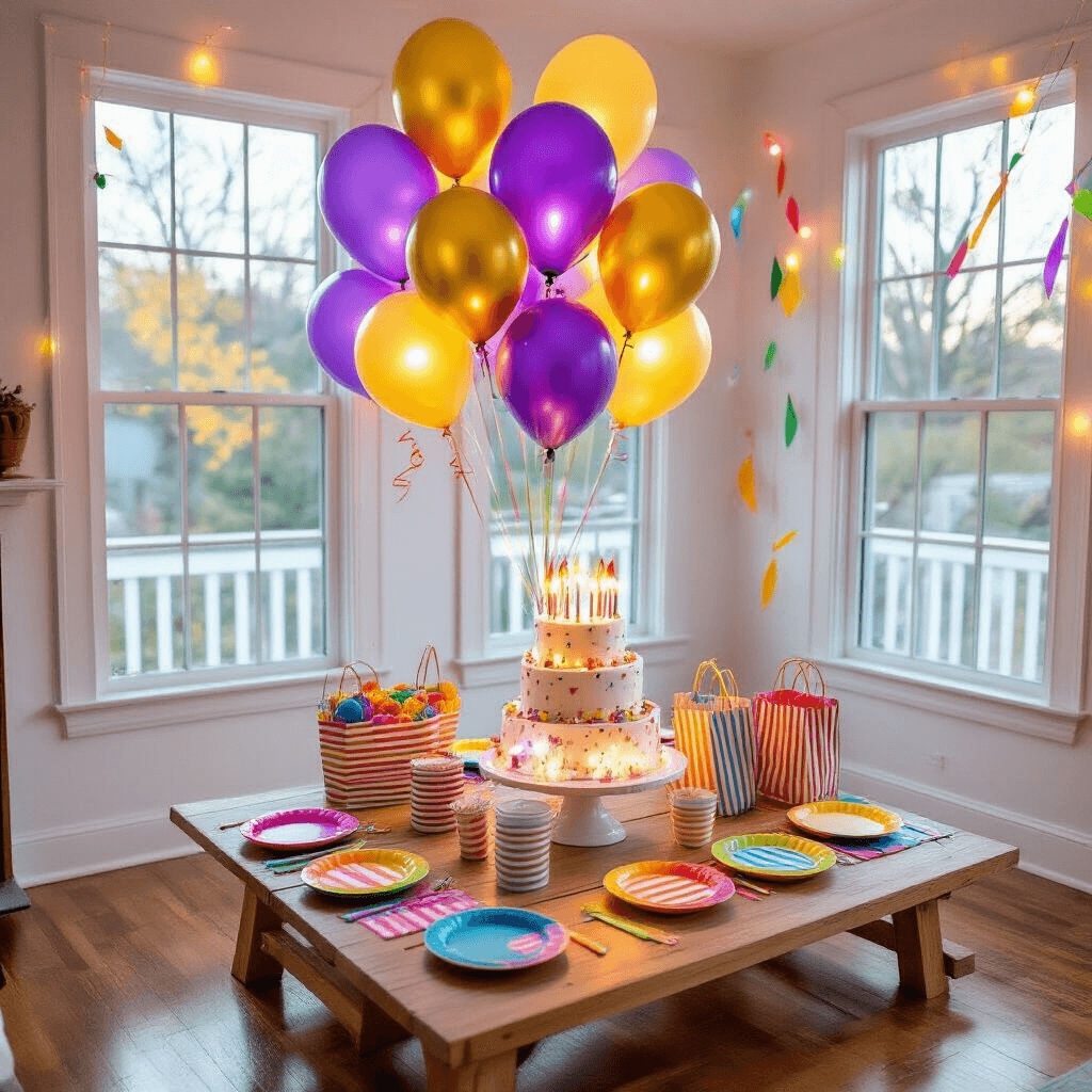 LED Balloons: Everything I Learned About These Glowing Party Game-Changers Overhead view of a cozy living room birthday party setup for children, featuring vibrant LED balloons, a low picnic-style table with colorful plates and striped napkins, a whimsical three-tiered cake, rainbow streamers, and handmade party favor bags, illuminated by natural light and glowing balloon accents.