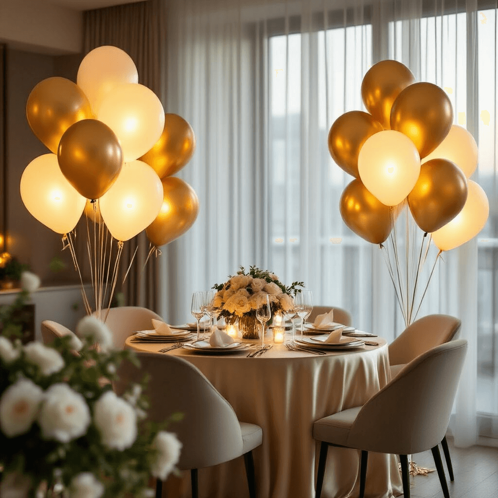LED Balloons: Everything I Learned About These Glowing Party Game-Changers Cinematic wide shot of a sophisticated 30th anniversary dinner in a modern apartment, featuring elegant balloon bouquets and a beautifully arranged dining table with champagne silk linens, fine china, and crystal stemware, illuminated by warm ambient lighting from LED balloons.