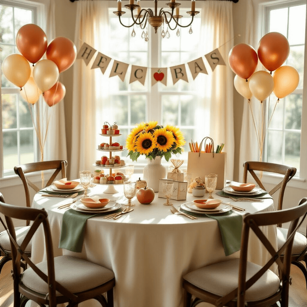 Back to School Balloons: Your Complete Guide to Celebrating the New School Year A beautifully set dining table for a back-to-school breakfast celebration, featuring cream silk linens, sage green runners, golden pencil-shaped balloons, apple-themed foil balloons, sunflower centerpieces, and elegant place settings, all bathed in soft morning light.