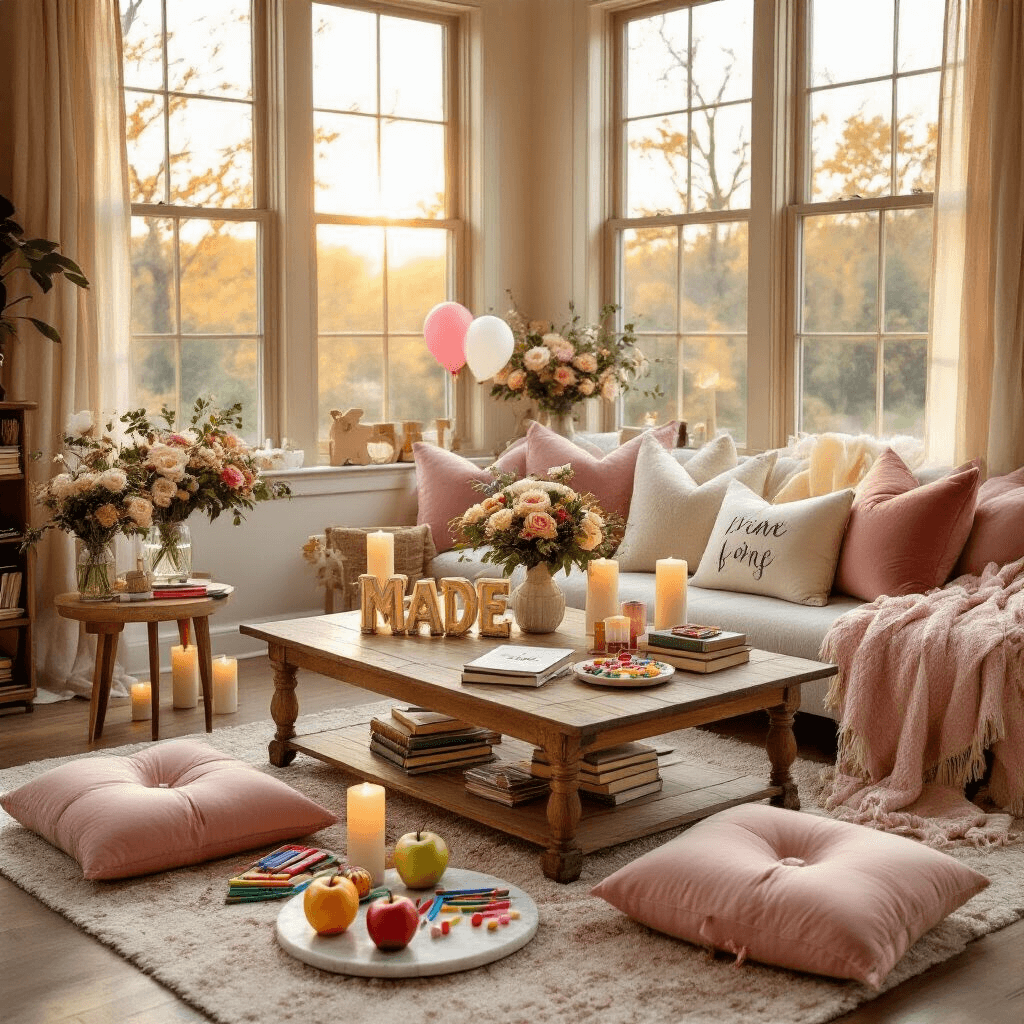 Back to School Balloons: Your Complete Guide to Celebrating the New School Year Overhead view of a cozy back-to-school photo setup featuring letter balloons, floor cushions, scattered school supplies, celebratory treats on marble trays, and soft candlelight, all adorned with floral arrangements and custom party favors.