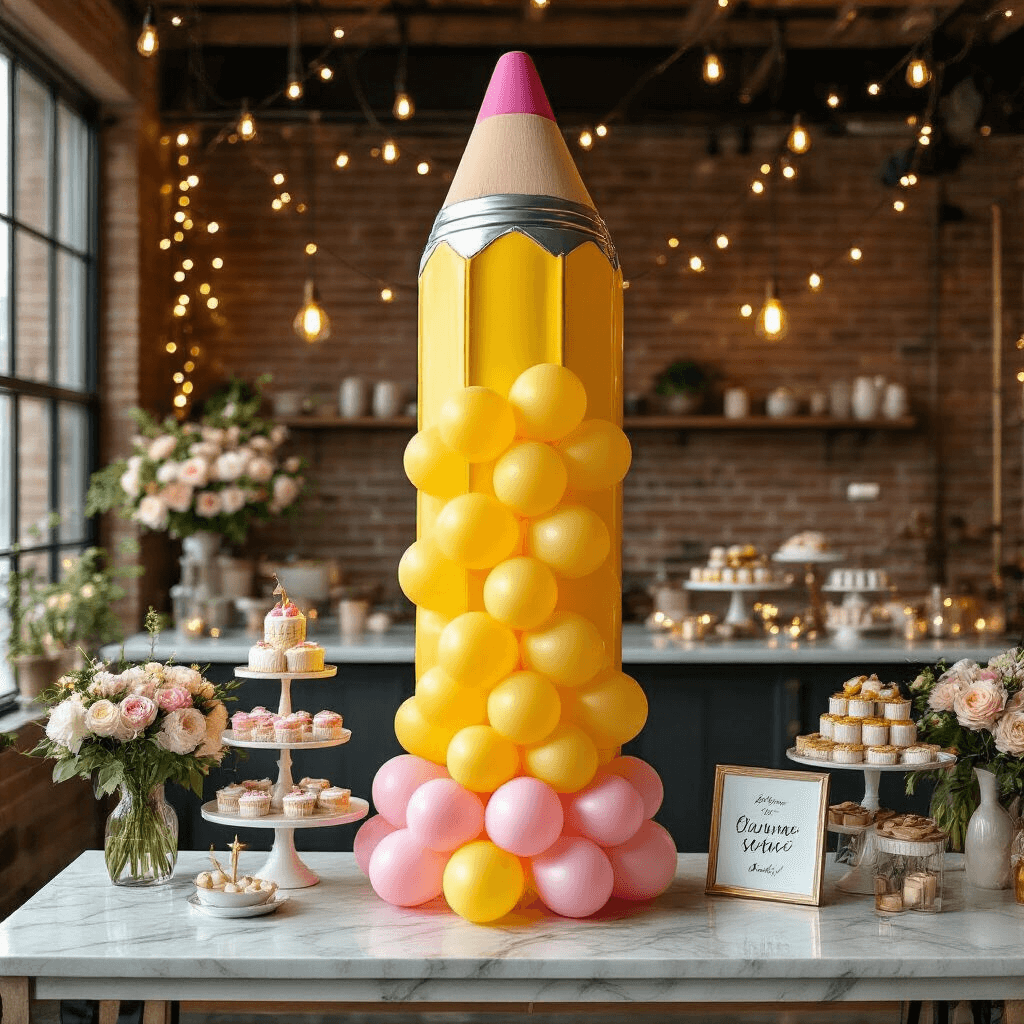 Back to School Balloons: Your Complete Guide to Celebrating the New School Year Elaborate balloon installation featuring a giant pencil design with pink eraser and cascading yellow balloons, set in a candlelit modern apartment with exposed brick walls. Surrounding decor includes marble countertops with tiered school-themed desserts, gold and ivory balloon bouquets, and elegant signage. Twinkling fairy lights and layered textiles enhance the luxurious yet playful ambiance, complemented by fresh florals in glass vases.