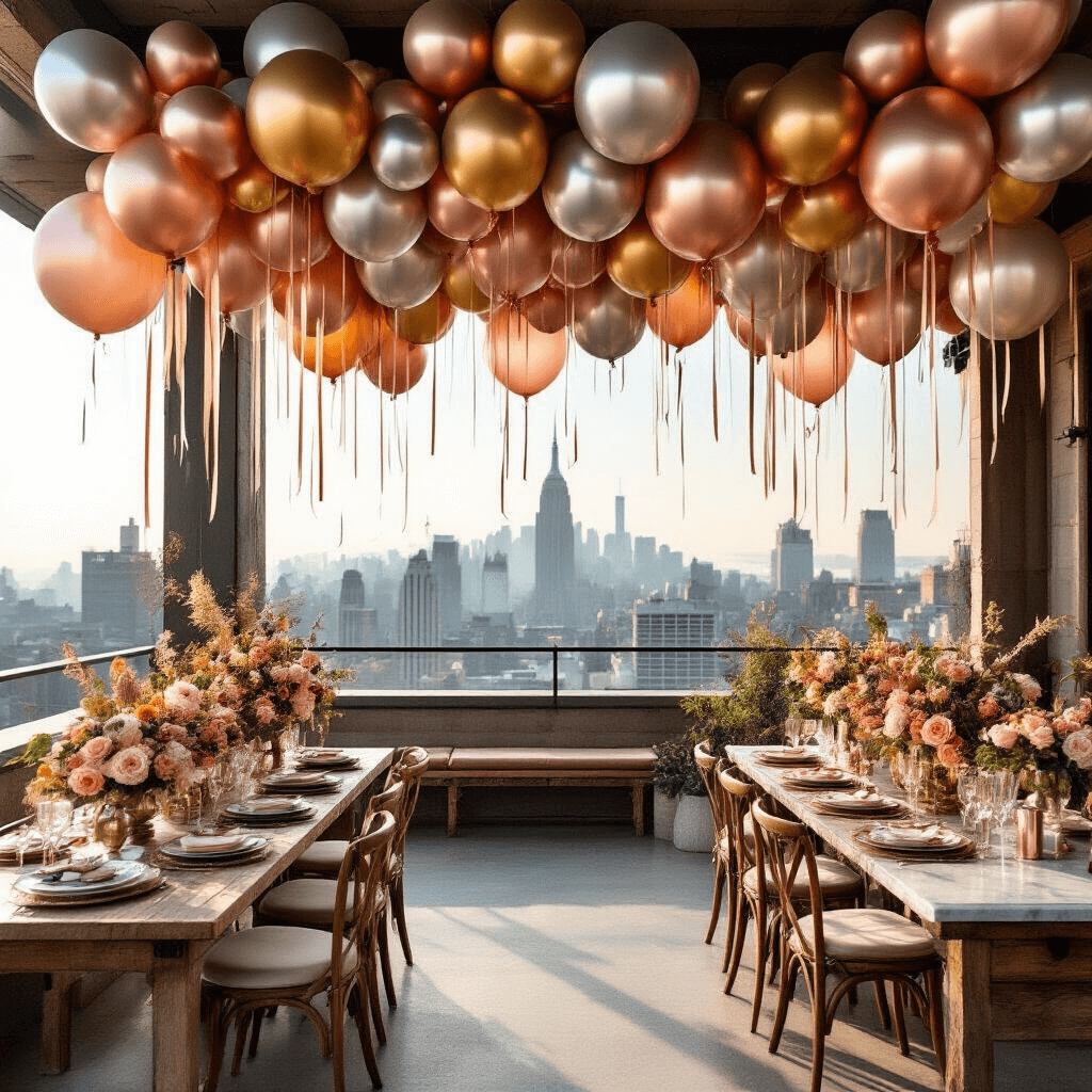 The 21 Balloons That'll Make Your 21st Birthday Absolutely Unforgettable A whimsical rooftop terrace 21st birthday party featuring a creative all-metallics balloon display in gold, silver, and rose gold against a city skyline, with floating balloons at varying heights, rustic wood tables with marble tops, personalized signage, fresh florals, and soft morning light creating highlights on the decor.