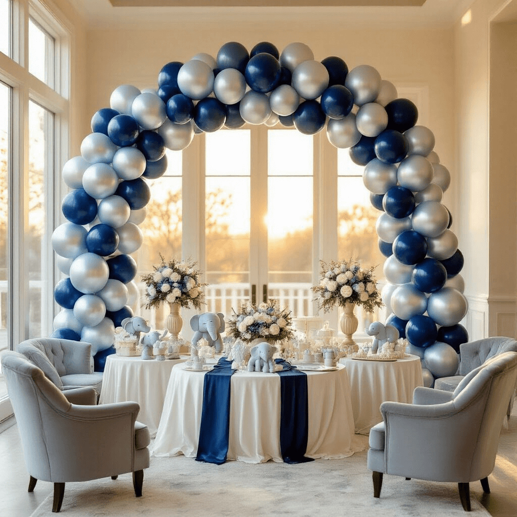 Baby Boy Balloons: Everything You Need to Know About Decorating for Your Little Prince A luxurious indoor baby shower in a spacious living room, featuring a navy blue and silver balloon garland backdrop, round tables with white silk linens and floral centerpieces, plush gray armchairs, and warm golden hour sunlight streaming through large windows.
