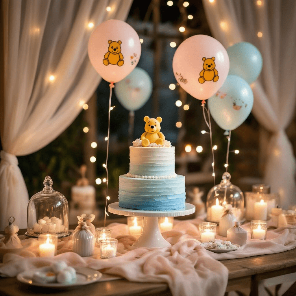 Baby Boy Balloons: Everything You Need to Know About Decorating for Your Little Prince A cozy baby shower dessert station featuring a tiered white marble cake stand with a baby blue ombre cake, surrounded by whimsical Winnie the Pooh balloons and illuminated by delicate fairy lights.