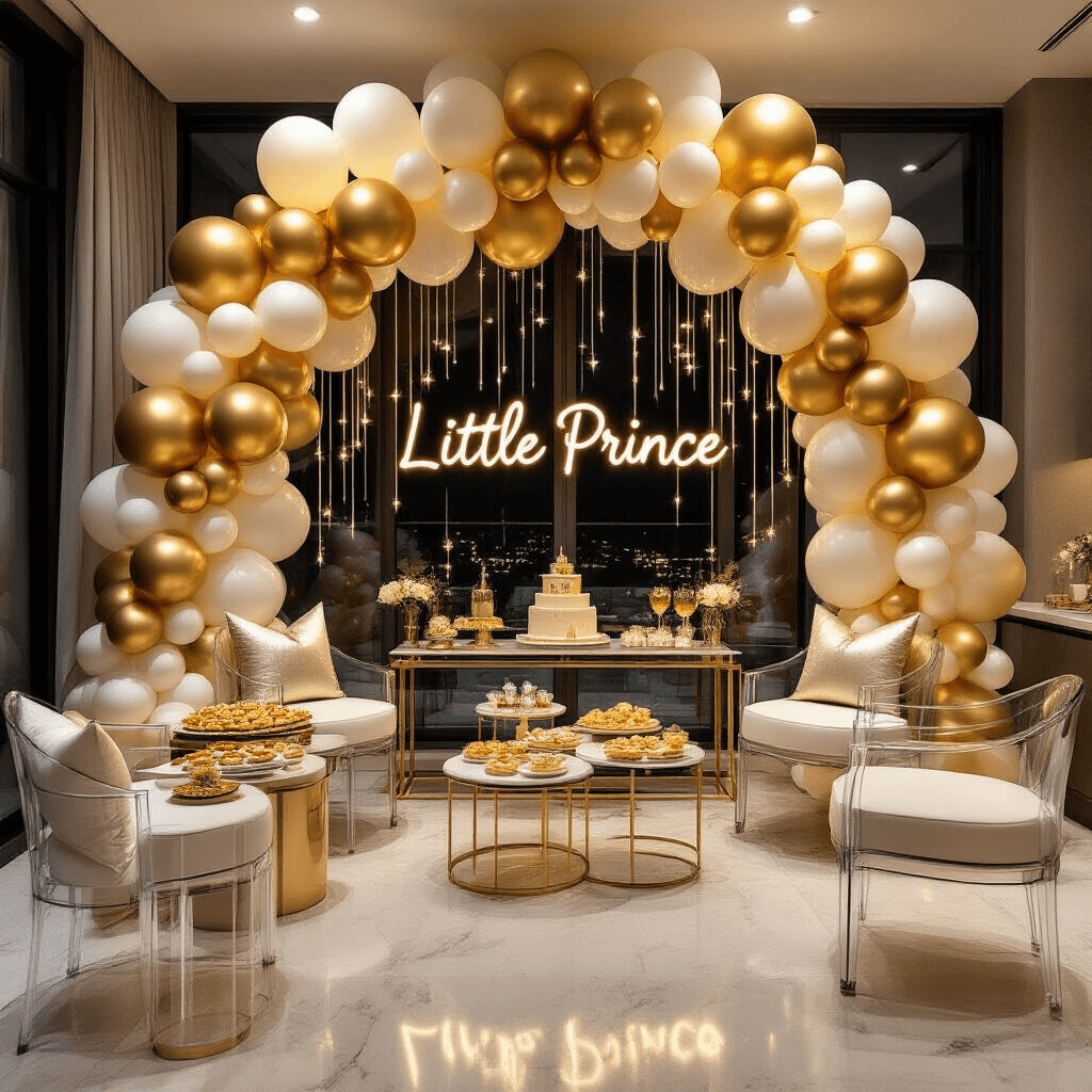 Baby Boy Balloons: Everything You Need to Know About Decorating for Your Little Prince A luxurious baby shower in a modern apartment, featuring a gold and ivory balloon arch, sleek furniture, marble countertops with appetizers, and moody lighting, all accentuated by a 'Little Prince' neon sign.