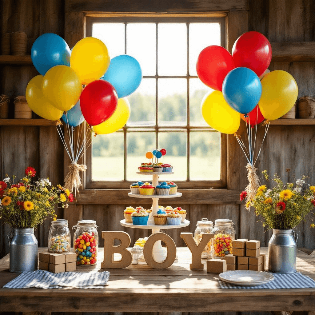 Baby Boy Balloons: Everything You Need to Know About Decorating for Your Little Prince A close-up of a festive baby boy celebration in a rustic barn, featuring a dessert cart adorned with primary-colored balloons, vintage mason jars of candies, gingham table runners, and wooden toy blocks spelling 'BOY,' all illuminated by midday sunlight streaming through wooden windows.