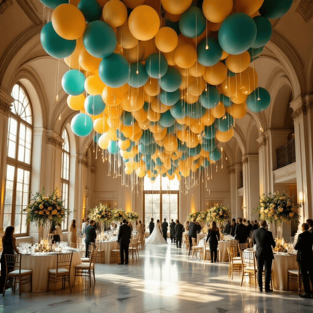 Why 2025 Balloon Trends Are Making Me Rethink Everything I Knew About Party Decor Elegant indoor ballroom featuring an eco-friendly balloon installation with cascading teal and mustard yellow balloons, illuminated by LED lights. Round tables with silk ivory linens sit beneath floating balloon canopies, while warm golden hour light streams through arched windows, casting shadows on marble floors. Guests in formal attire interact with the organic, asymmetrical clusters of matte finish balloons woven with eucalyptus and roses, amidst rose gold accents and fairy lights creating a magical atmosphere.