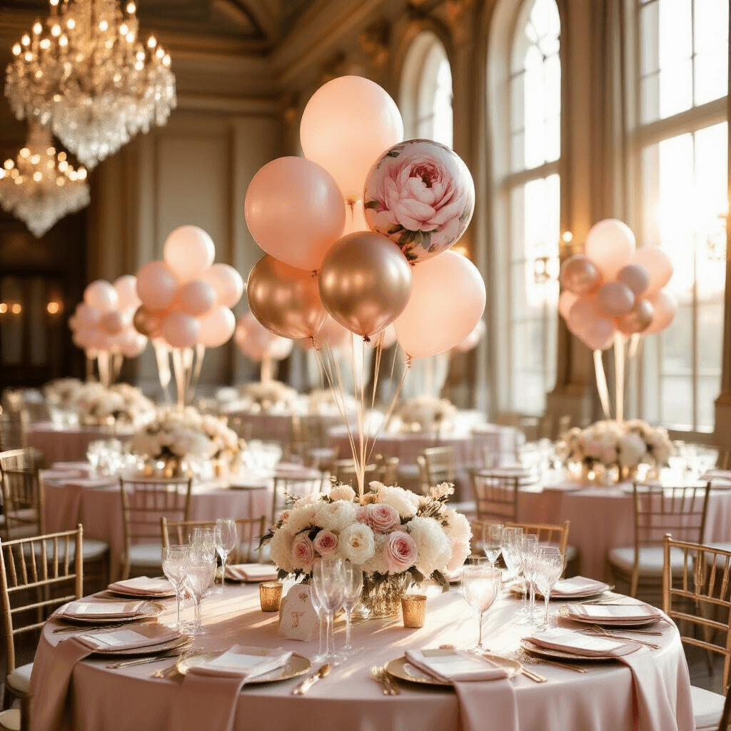 Mother's Day Balloons: Everything You Need to Know to Make Mom Feel Special A luxurious Mother's Day celebration in an elegant ballroom, featuring blush pink silk table linens, tiered floral balloon arrangements, crystal vases with white peonies and roses, and warm sunlight streaming through tall windows, all set against a backdrop of soaring ceilings and crystal chandeliers.