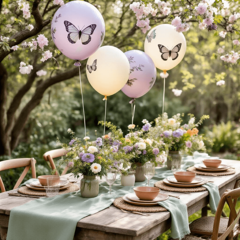 Mother's Day Balloons: Everything You Need to Know to Make Mom Feel Special An elegantly styled Mother's Day brunch in a cozy garden featuring a rustic wooden table adorned with sage green linens, terracotta dishes, and low floral arrangements in mason jars, complemented by butterfly-printed balloons and personal touches like handwritten menu cards and a photo display.