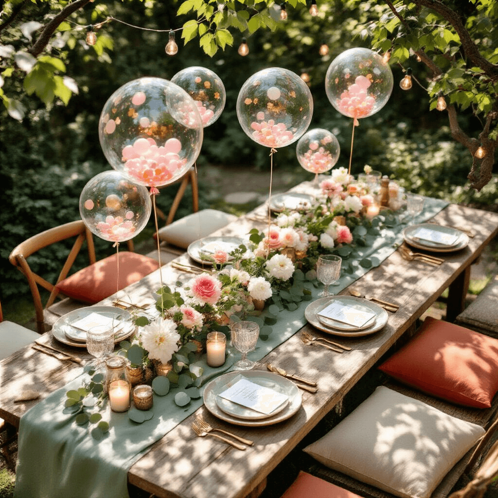 Balloon Types for Events: Everything You Need to Know Before Your Next Celebration An intimate garden party setup featuring rustic wooden tables with sage green linen runners, surrounded by terracotta and cream floor cushions. Clear bubble balloons filled with pink and gold confetti float above elegant place settings adorned with fresh eucalyptus and white peonies. Mason jar candles and fairy lights hang between tree branches, with dappled sunlight filtering through leaves, enhancing the romantic atmosphere. Vintage brass cutlery and personalized kraft paper place cards add to the organic aesthetic.