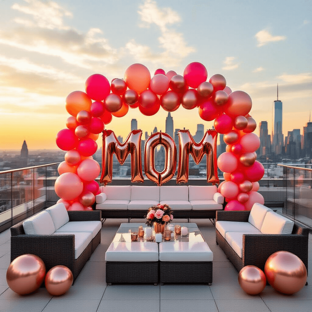 Mother's Day Balloons: Everything You Need to Know to Make Mom Feel Special A modern rooftop terrace decorated for Mother's Day with city skyline views, featuring sleek furniture, rose gold and hot pink balloon arrangements, large 'MOM' number balloons, LED string lights, and minimalist floral arrangements of hibiscus.