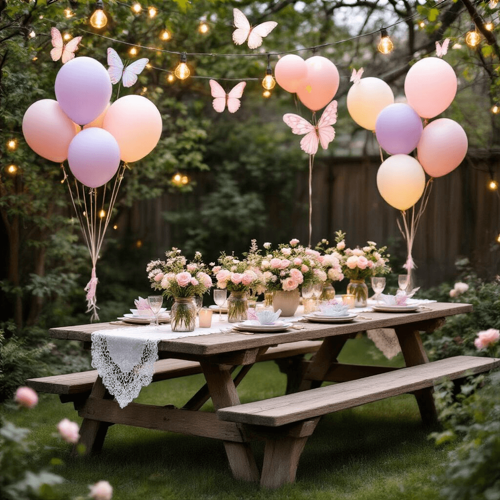 Mother's Day Balloons: Everything You Need to Know to Make Mom Feel Special A whimsical backyard Mother's Day party setup featuring a rustic picnic table with vintage lace runners, mason jar centerpieces of roses and baby's breath, pastel butterfly balloons, warm string lights, and a cozy atmosphere enhanced by candles and vintage china.