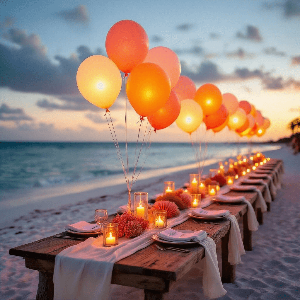 Light Balloons: The Glowing Secret to Transforming Any Space Into Pure Magic Close-up of a beachfront celebration at sunset with glowing coral, peach, and amber LED balloons, weathered wooden tables adorned with ivory linen runners, coral centerpieces, and lanterns, creating a romantic tropical atmosphere.