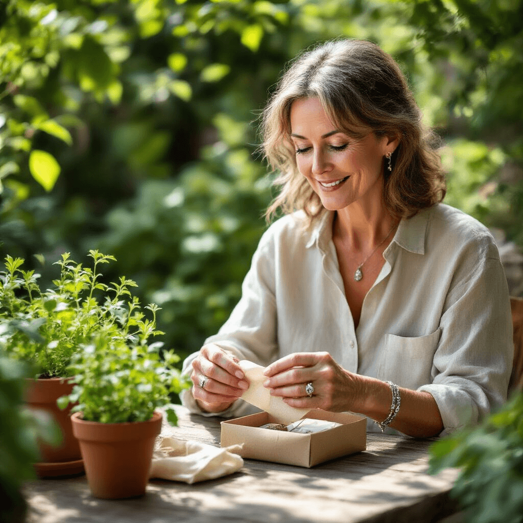 The Gift That Won't End Up in Her Donation Pile: Real Talk About Thoughtful Presents for Your Mother-in-Law A sophisticated woman in her late 50s unwraps a gardening kit at a rustic table surrounded by terracotta potted herbs, sunlight filtering through leaves, showcasing her genuine smile while wearing a linen shirt and a delicate silver bracelet.