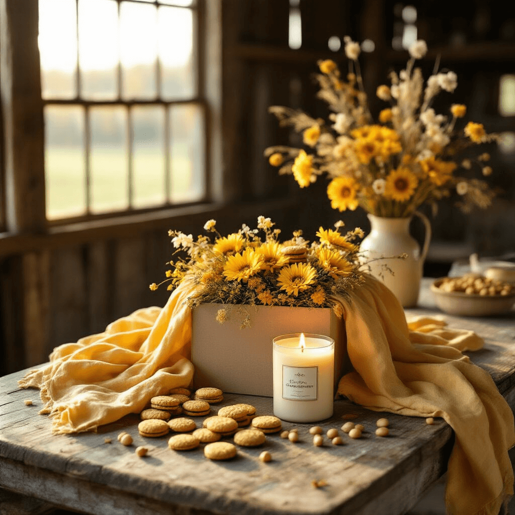 Mini Gift Ideas That'll Make You Look Like a Thoughtful Genius (Without Breaking the Bank) A cozy golden hour scene in a rustic barn showcasing a 'Box of Sunshine' arrangement on a distressed wooden table, featuring soft yellow linens, scattered golden Oreos, a vanilla candle, and honey roasted peanuts, illuminated by warm sunlight streaming through weathered windows.