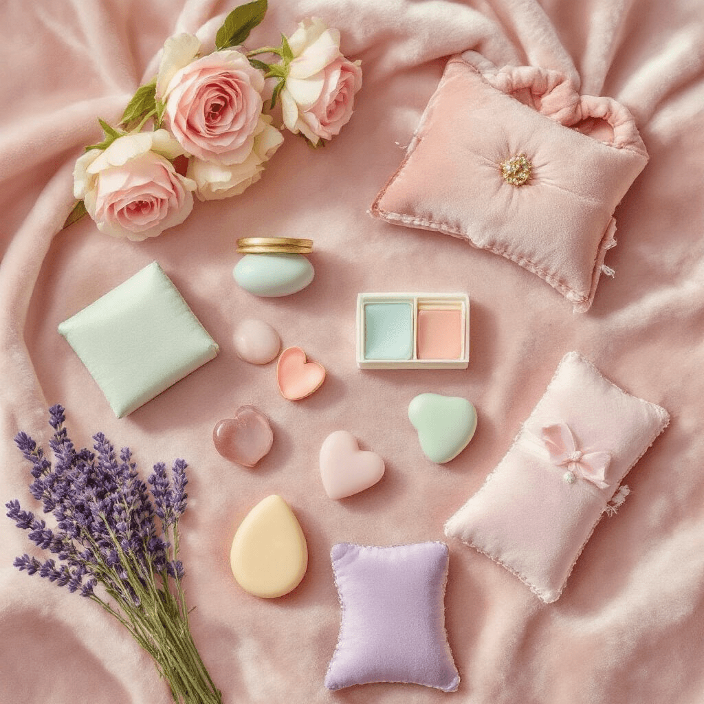 Mini Gift Ideas That'll Make You Look Like a Thoughtful Genius (Without Breaking the Bank) A luxurious flat lay of beauty and self-care mini gifts on a blush pink velvet surface, including a gua sha tool, a pastel hand cream set, a lavender eye pillow, and assorted tinted lip balms, arranged with artistic precision under soft side lighting.