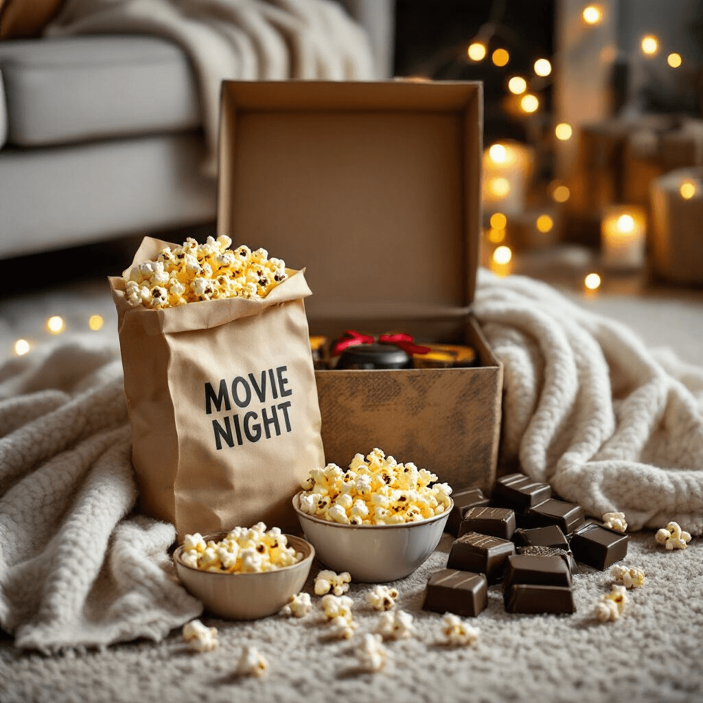 Mini Gift Ideas That'll Make You Look Like a Thoughtful Genius (Without Breaking the Bank) A cozy living room scene featuring a whimsical 'Movie Night' gift box, surrounded by a soft throw blanket, vintage paper bag of gourmet popcorn, artisan chocolates, and twinkling string lights, captured from an overhead angle showcasing the inviting arrangement and textures.