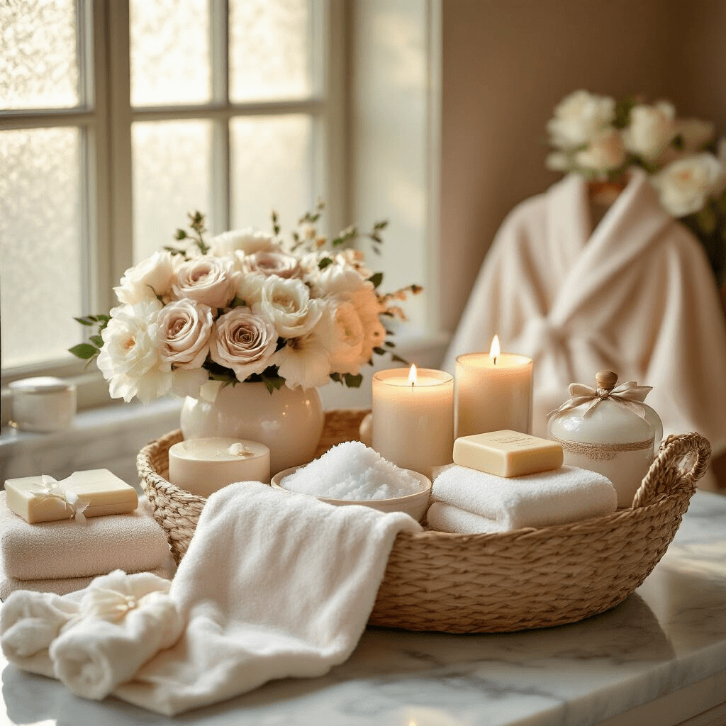 Gift Basket Ideas That'll Make You Look Like You Actually Put Thought Into It A luxurious spa-themed gift basket on a marble bathroom countertop, featuring bath salts, silk robes, scented candles, and soap flower bouquets in a muted blush and cream palette, with ivory towels and soft golden hour light filtering through frosted windows.
