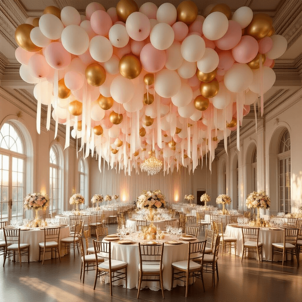 How to Hang Balloons from the Ceiling Without Losing Your Mind (Or Your Security Deposit) Photorealistic view of an elegant indoor ballroom featuring a balloon ceiling canopy in blush pink, white, and gold, with round tables dressed in silk ivory linens and gold charger plates, all illuminated by warm light from arched windows.