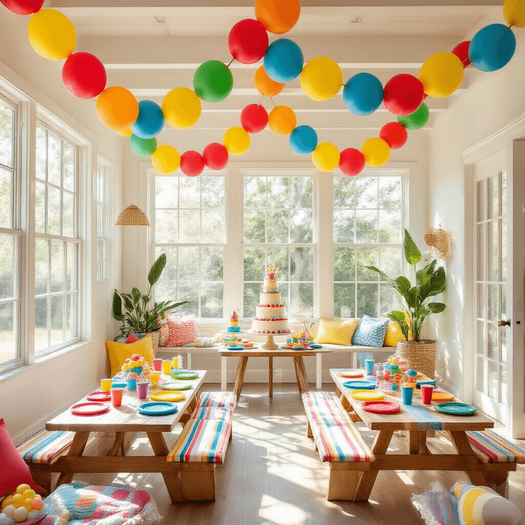 How to Hang Balloons from the Ceiling Without Losing Your Mind (Or Your Security Deposit) Photorealistic overhead flat lay of a whimsical children's birthday party in a bright living room, featuring a vibrant balloon garland, low picnic tables with rainbow linens, colorful party supplies, a rustic cake stand, and natural sunlight enhancing the festive atmosphere.