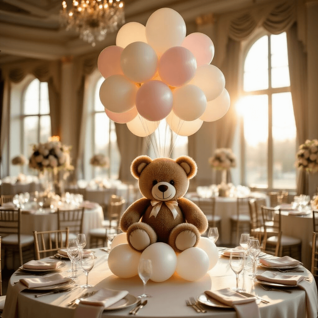 Teddy Bear and Balloon Combinations That'll Make Everyone Go "Aww" Elegant indoor ballroom during golden hour with a DIY floating teddy bear balloon display as the centerpiece, featuring a plush teddy bear surrounded by white latex balloons, pastel pink and cream accents, silk table linens, delicate glassware, and floral decor, all bathed in soft natural light.