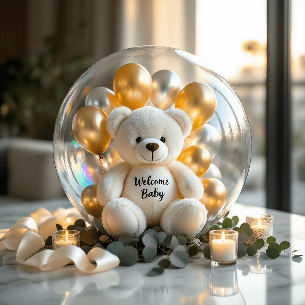 Teddy Bear and Balloon Combinations That'll Make Everyone Go "Aww" Close-up of a luxurious bubble balloon gift arrangement featuring a white plush teddy bear and miniature gold and silver balloons with the text 'Welcome Baby' on a marble countertop, accented by silk ribbons, eucalyptus leaves, and glass votive candles, illuminated by soft morning light.