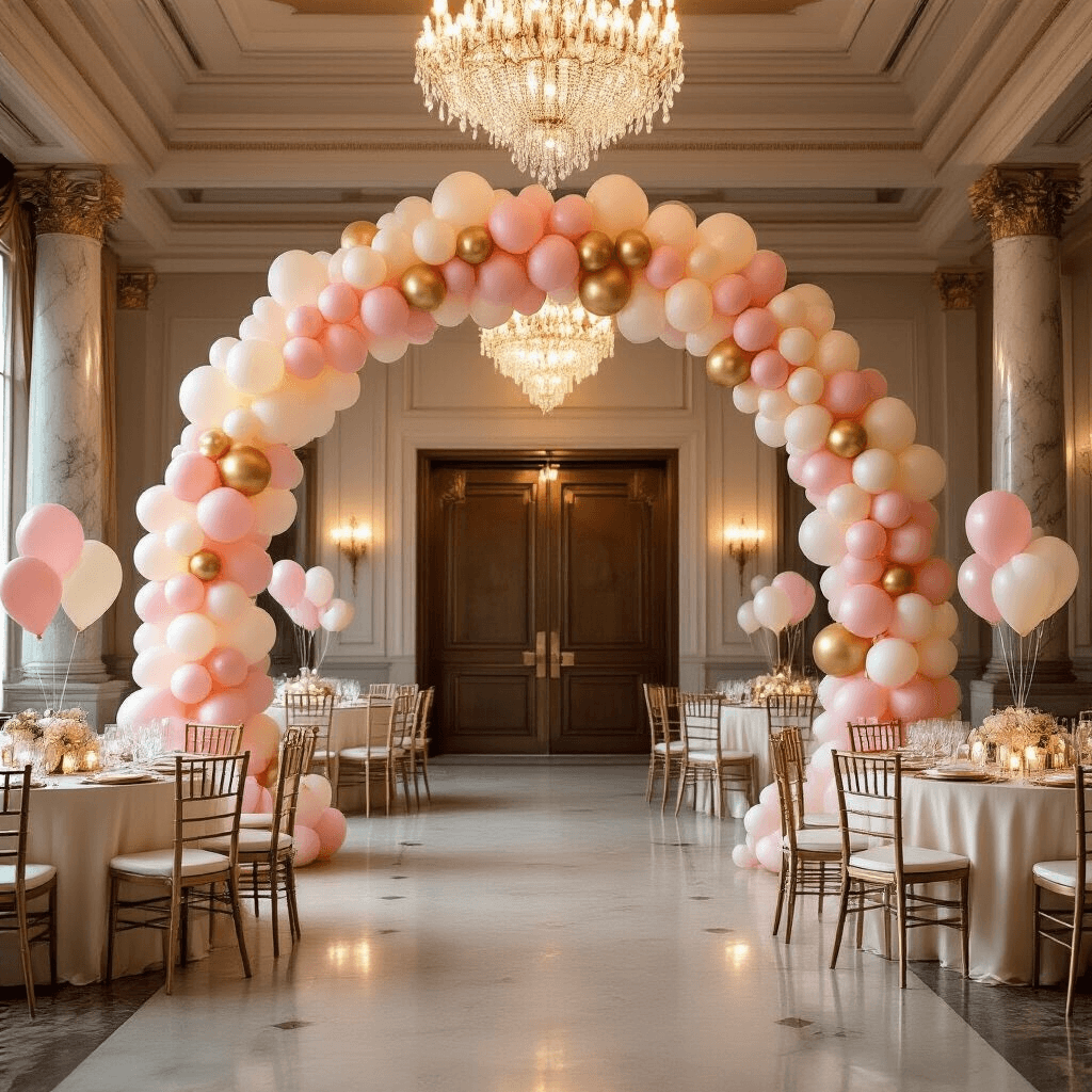 How Balloon Decorations Turned Me Into a Party Hero (And How They'll Do the Same for You) Cinematic wide-angle shot of an elegant indoor ballroom featuring a stunning blush pink, cream, and gold balloon arch entrance, round tables with silk ivory linens, and layered balloon centerpieces, illuminated by warm light from crystal chandeliers and golden hour sunlight streaming through tall windows.
