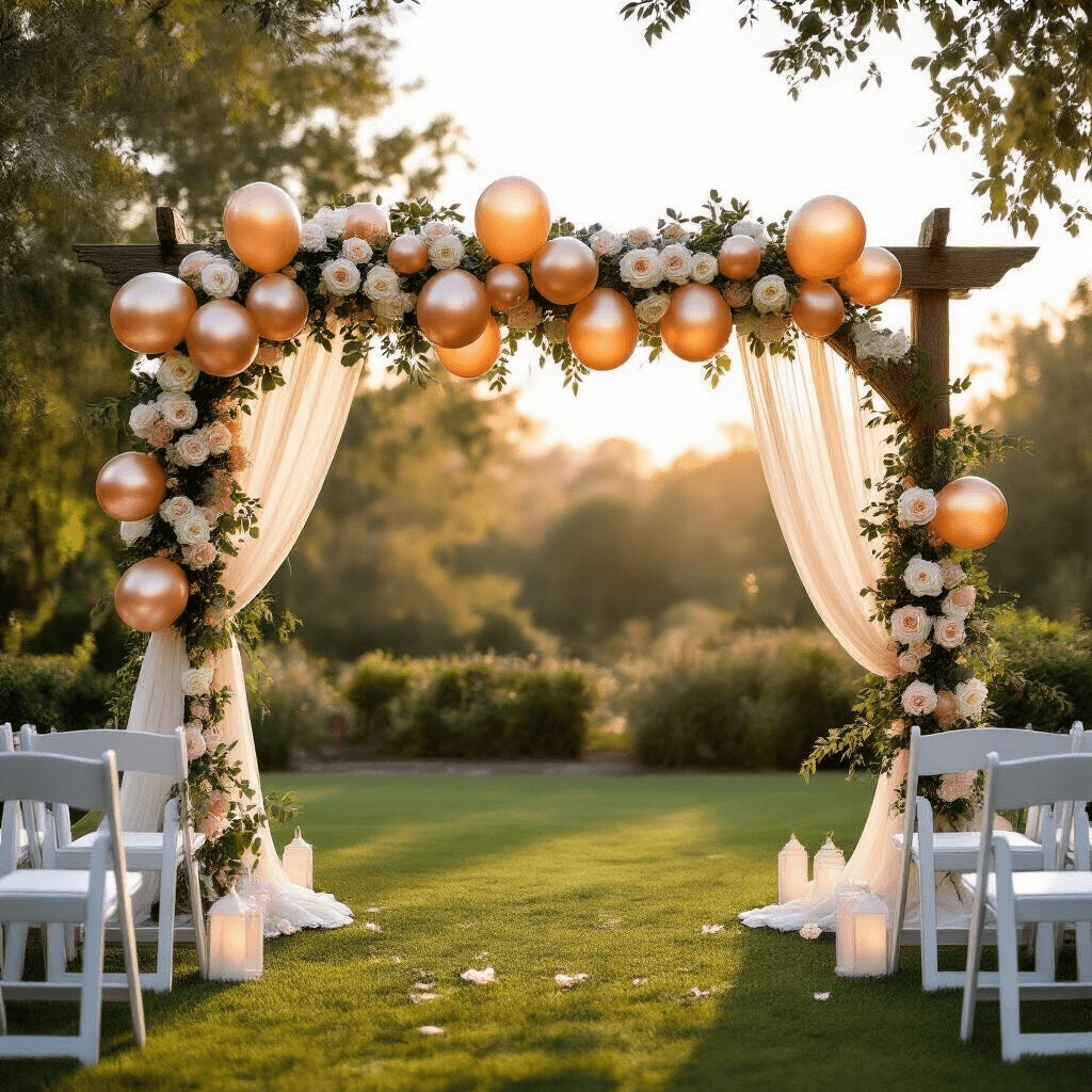Bride Balloons: Everything You Need to Know About Balloon Décor for Your Big Day Elegant outdoor wedding ceremony arch adorned with rose gold and champagne mylar balloons, cascading white roses, and eucalyptus garlands, set in a manicured garden at golden hour, with chiavari chairs and soft fairy lights.