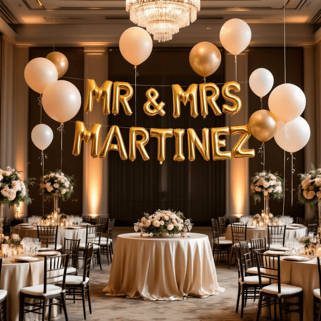 Bride Balloons: Everything You Need to Know About Balloon Décor for Your Big Day An elegant hotel ballroom reception featuring floating balloon clusters, large gold letter balloons spelling 'MR & MRS MARTINEZ' above a sweetheart table, round guest tables with floral centerpieces, warm uplighting, crystal chandeliers, and a luxurious decor of gold charger plates and ivory napkins.