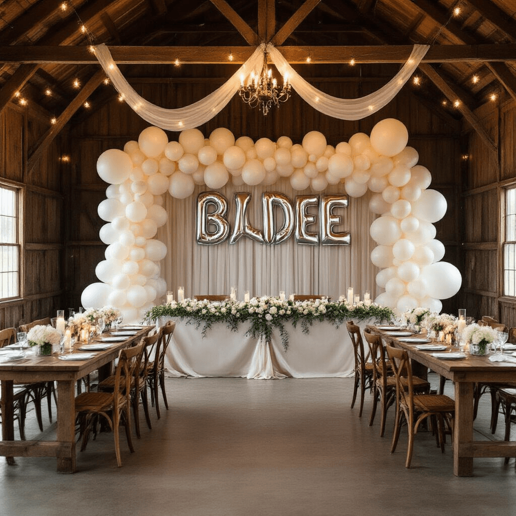 Bride Balloons: Everything You Need to Know About Balloon Décor for Your Big Day A rustic barn wedding reception with a stunning balloon backdrop featuring wedding ring and letter balloons, family-style wooden tables with ivory linen runners, low white hydrangea arrangements, hanging mason jars filled with fairy lights, and candlelit ambiance, creating a whimsical yet elegant atmosphere.