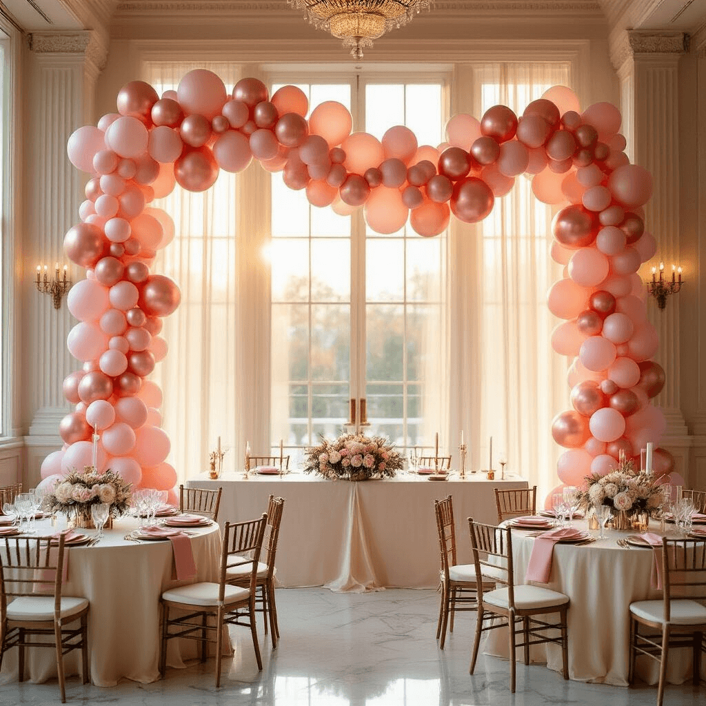 Pink Balloon Aesthetics: How I Finally Cracked the Code to Dreamy Party Decor Elegant indoor ballroom adorned with a pink balloon garland, cream silk tables, and romantic lighting during golden hour.