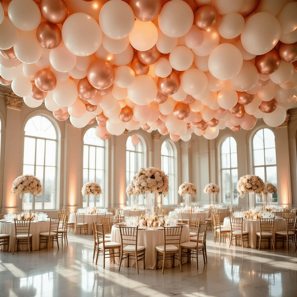 Ceiling Balloons: Transform Your Space From Boring to Breathtaking in Minutes Wide-angle view of a luxurious indoor ballroom adorned with a balloon canopy in blush pink, ivory, and rose gold. Elegant round tables with silk ivory linens and gold chiavari chairs are set below the cloud-like installation, illuminated by soft LED lights. Golden hour light filters through arched windows, creating warm shadows on marble floors.