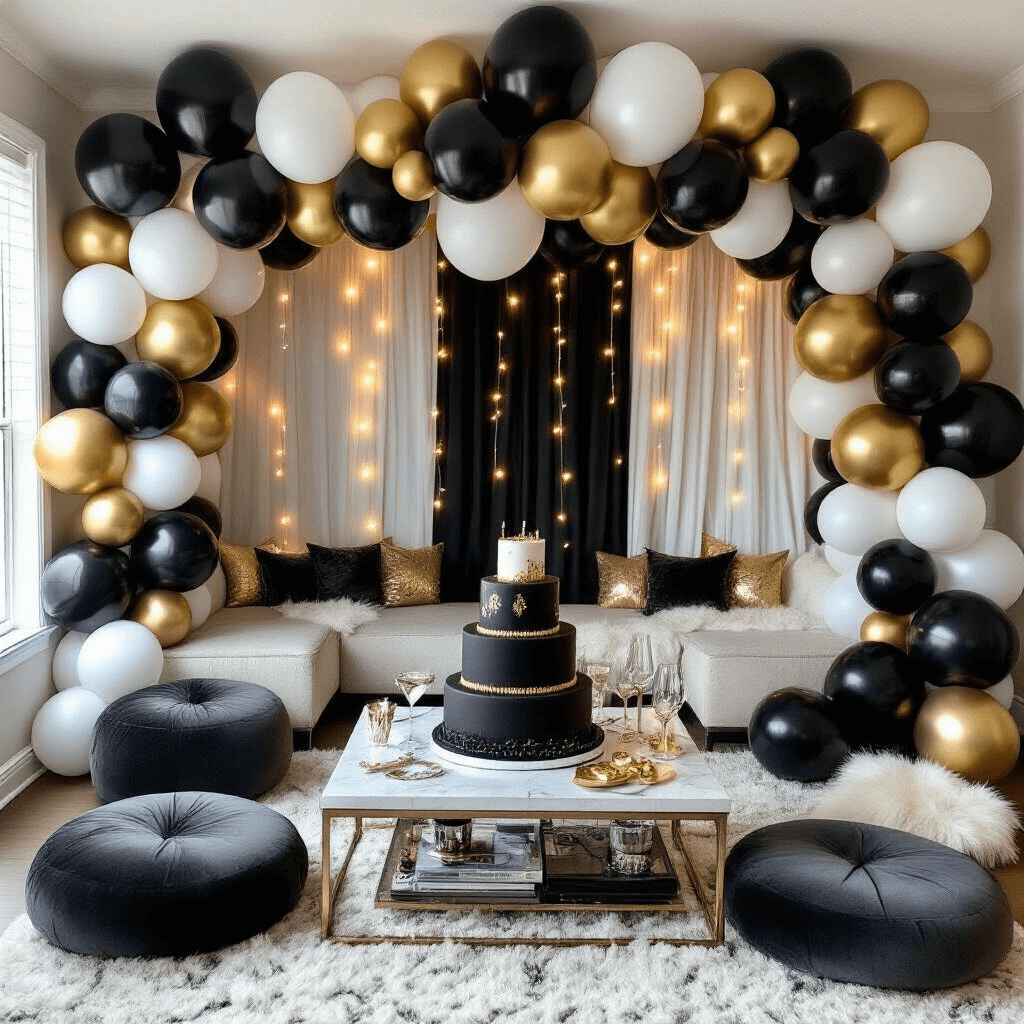 Ceiling Balloons: Transform Your Space From Boring to Breathtaking in Minutes Close-up of a cozy living room with dramatic black, white, and gold balloon ceiling decor. A low coffee table features a three-tier black and gold birthday cake, surrounded by LED candles and metallic weights. Charcoal gray velvet floor cushions and faux fur throws add comfort, while fairy lights cast a warm glow across the scene. The evening lighting creates an intimate atmosphere with balloon shadows on cream walls.