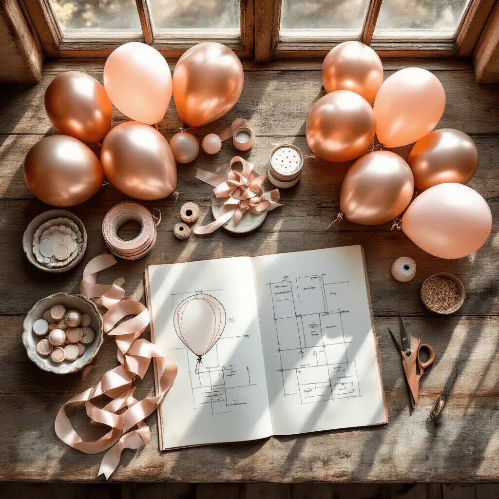Welcome Home Balloon Decorations That Actually Look Amazing (Not Tacky) Overhead flat lay of a rustic wooden table adorned with rose gold and blush pink balloons, craft supplies like balloon decorating strips and glue dots, and a hand-sketched layout, all illuminated by golden hour light.