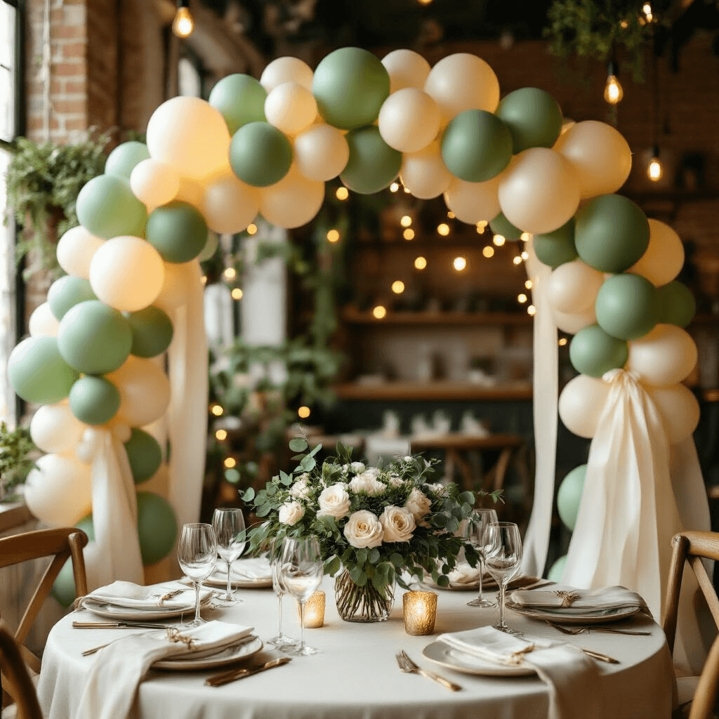Welcome Home Balloon Decorations That Actually Look Amazing (Not Tacky) A cozy dining nook framed by a sage green and cream metallic balloon arch, featuring flowing ivory ribbons and fairy lights, with a round table set with coordinated linens, vintage glassware, and a floral centerpiece, all illuminated by warm golden hour light.