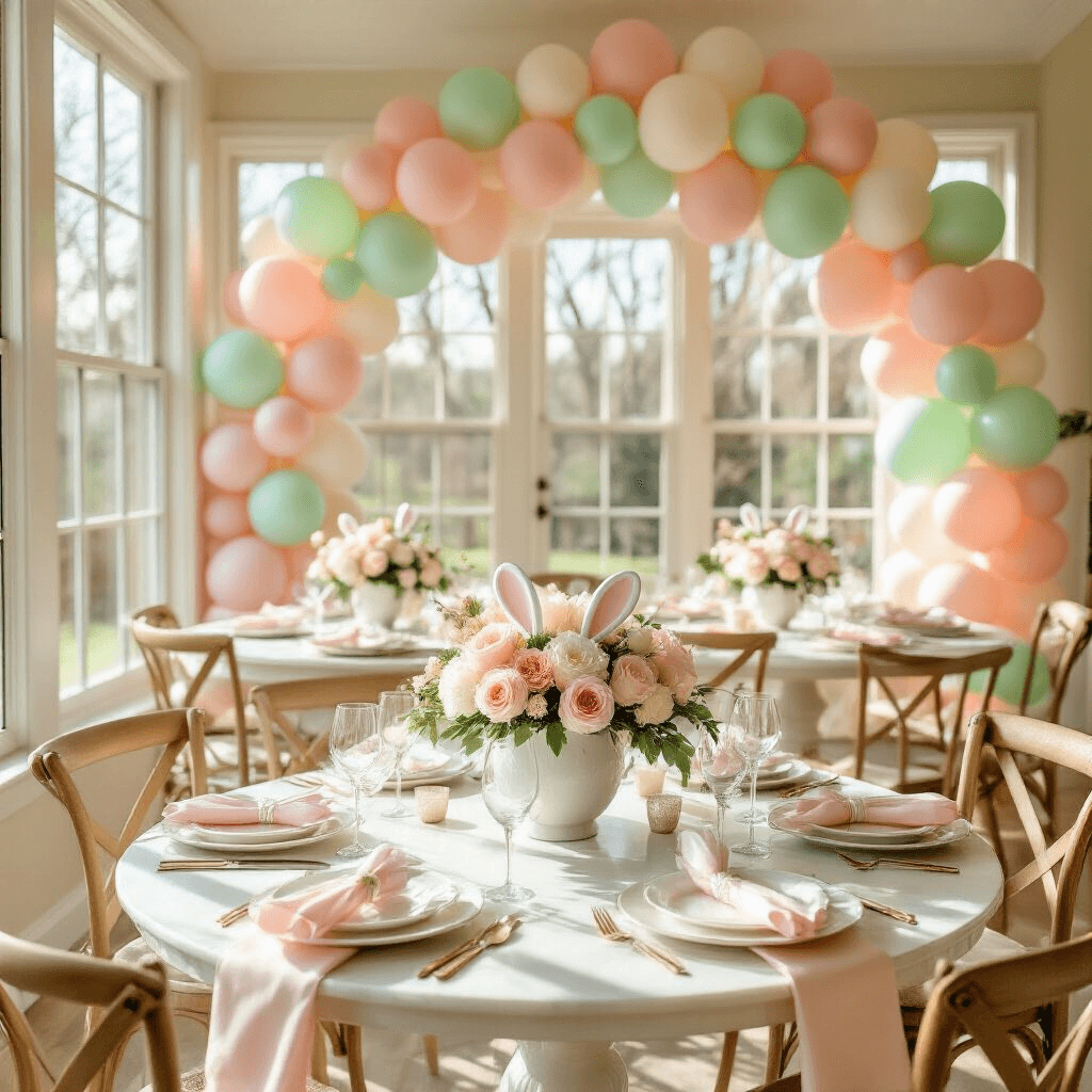 Easter Balloons: Everything You Need to Transform Your Spring Celebration A bright sunroom transformed for Easter brunch, featuring round marble tables with pastel balloon garlands, silk runners, elegant place settings, and flower arrangements, all under soft morning light.
