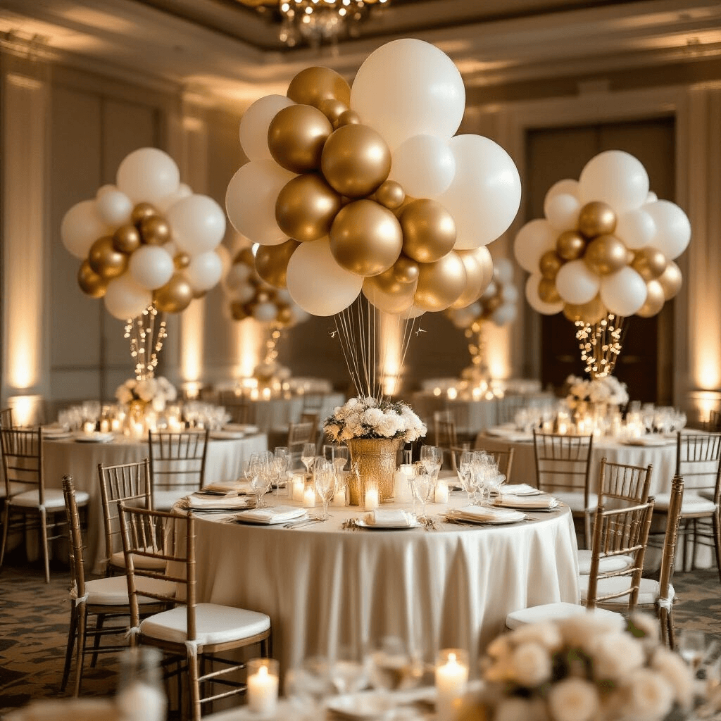 Easter Balloons: Everything You Need to Transform Your Spring Celebration Elegant indoor ballroom decorated for an upscale Easter celebration, featuring luxurious ivory silk table linens, dramatic gold foil and champagne balloon centerpieces, candlelit hurricane lanterns, fairy lights, and sophisticated gold and ivory color palette. Rich textures and fine details enhance the festive atmosphere.