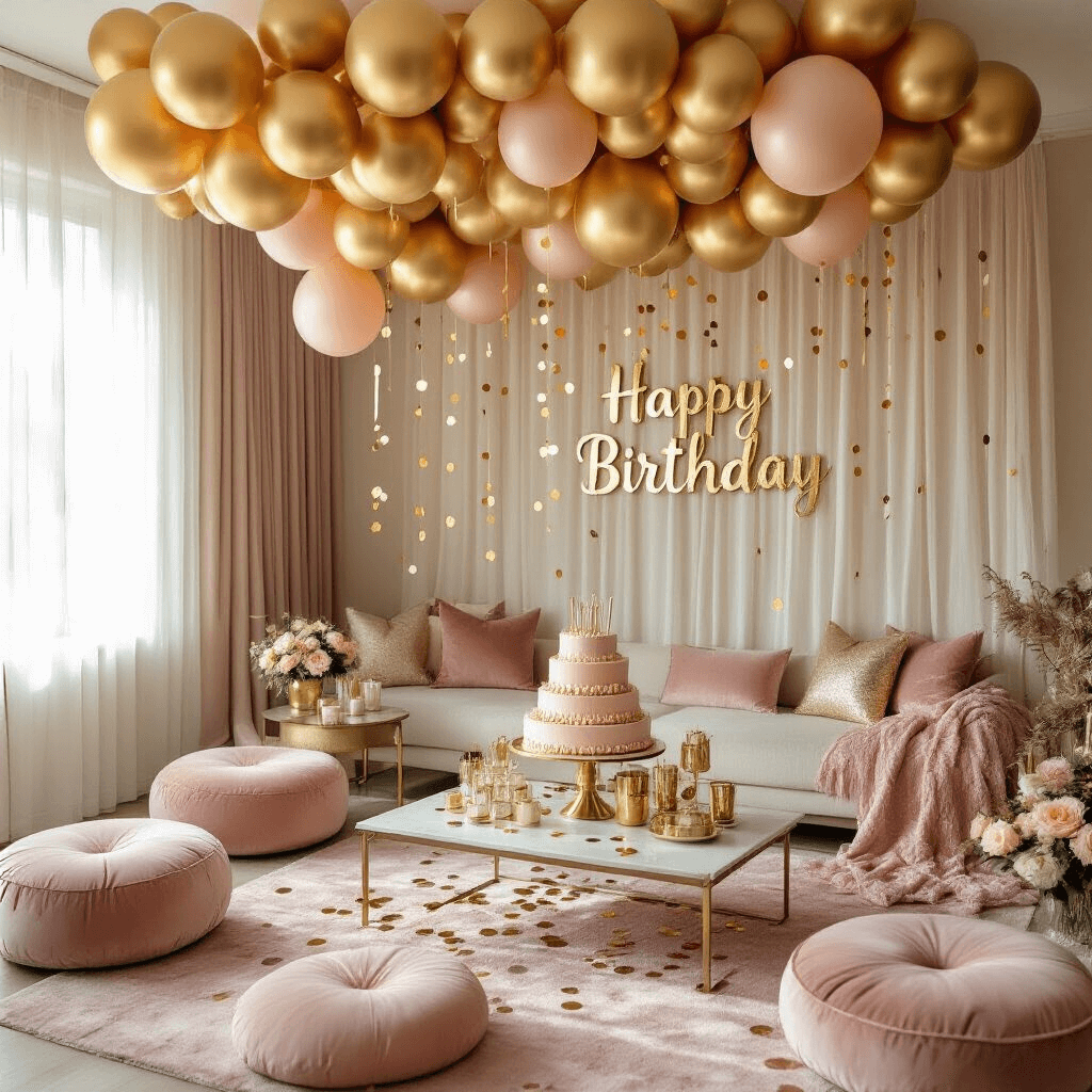 Gold Balloon Decorations: Everything You Need to Transform Your Party Space Overhead view of a stylish apartment living room decorated for celebration with gold balloon clusters, a blush pink coffee table setup, a tiered birthday cake, and soft morning light illuminating the warm color palette.