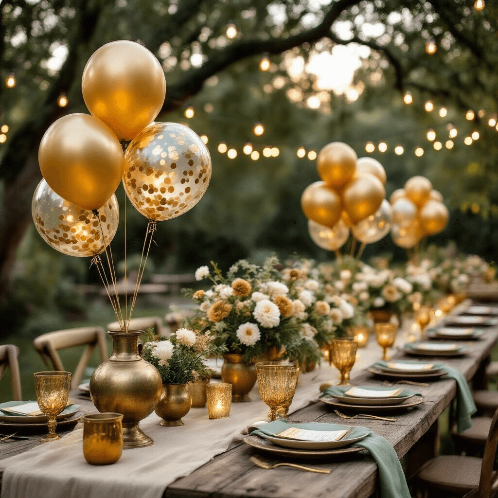 Gold Balloon Decorations: Everything You Need to Transform Your Party Space Close-up detail of a rustic garden party setup featuring a wooden farm table with gold balloon centerpieces in brass vessels, organic balloon clusters, terracotta and sage green linens, fresh cream and gold florals, ceramic place settings, amber glassware, string lights, and draped gold balloon chains amidst a serene evening ambiance.