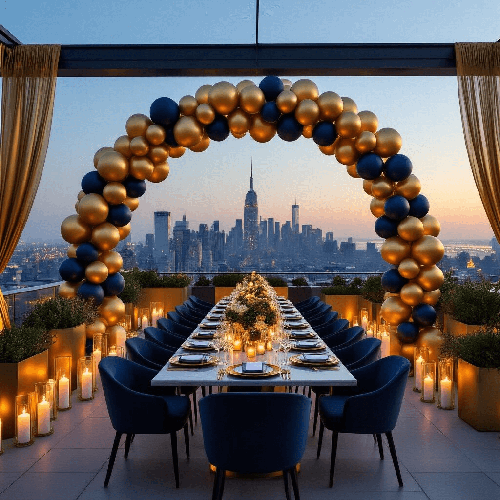 Gold Balloon Decorations: Everything You Need to Transform Your Party Space Cinematic rooftop terrace at dusk adorned with a gold balloon arch, featuring modern navy blue and gold furniture, candlelit dining setup, and lush greenery, all enhancing an upscale urban elegance.