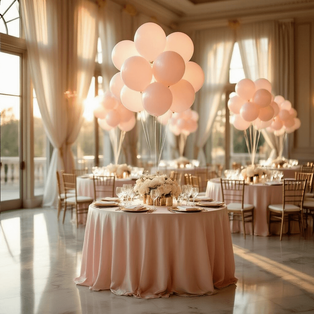 Balloons with Pictures Attached: Everything You Need to Know About Custom Photo Balloons Elegant indoor ballroom reception during golden hour, featuring blush pink silk table linens, floating photo balloons anchored by crystal weights, and sunlight streaming through tall windows. Centerpieces of helium-filled clear balloons with engagement photos float above ivory place settings and gold-rimmed glassware, complemented by white orchid arrangements. The scene includes tiered gift tables with balloon garlands and guests in formal attire, creating a dreamy, luxurious atmosphere.