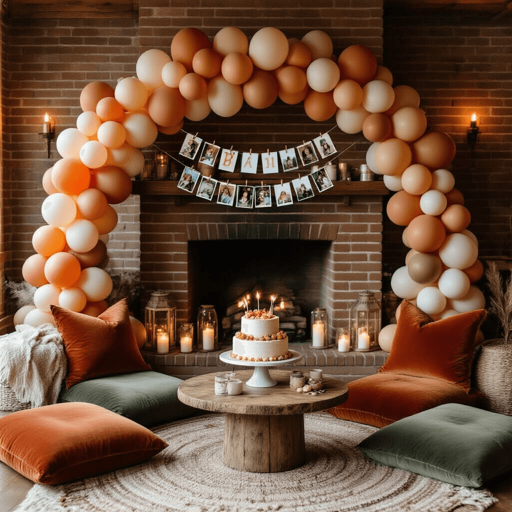 Balloons with Pictures Attached: Everything You Need to Know About Custom Photo Balloons An intimate overhead view of a cozy living room birthday celebration, featuring a rustic wooden coffee table surrounded by terracotta and sage velvet cushions, an intricate balloon arch over the brick fireplace, mason jar fairy lights, a three-tier birthday cake on a marble stand, personalized party favors, and layered textiles, all illuminated by soft candlelight.