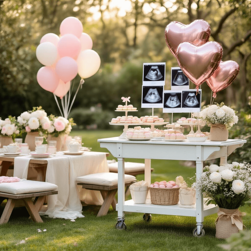 Balloons with Pictures Attached: Everything You Need to Know About Custom Photo Balloons Close-up of a whimsical outdoor garden baby shower featuring a vintage dessert cart with heart-shaped foil balloons and ultrasound photos, surrounded by pastel balloon clusters, fresh floral arrangements, picnic-style seating, and delicately arranged desserts in soft morning light.