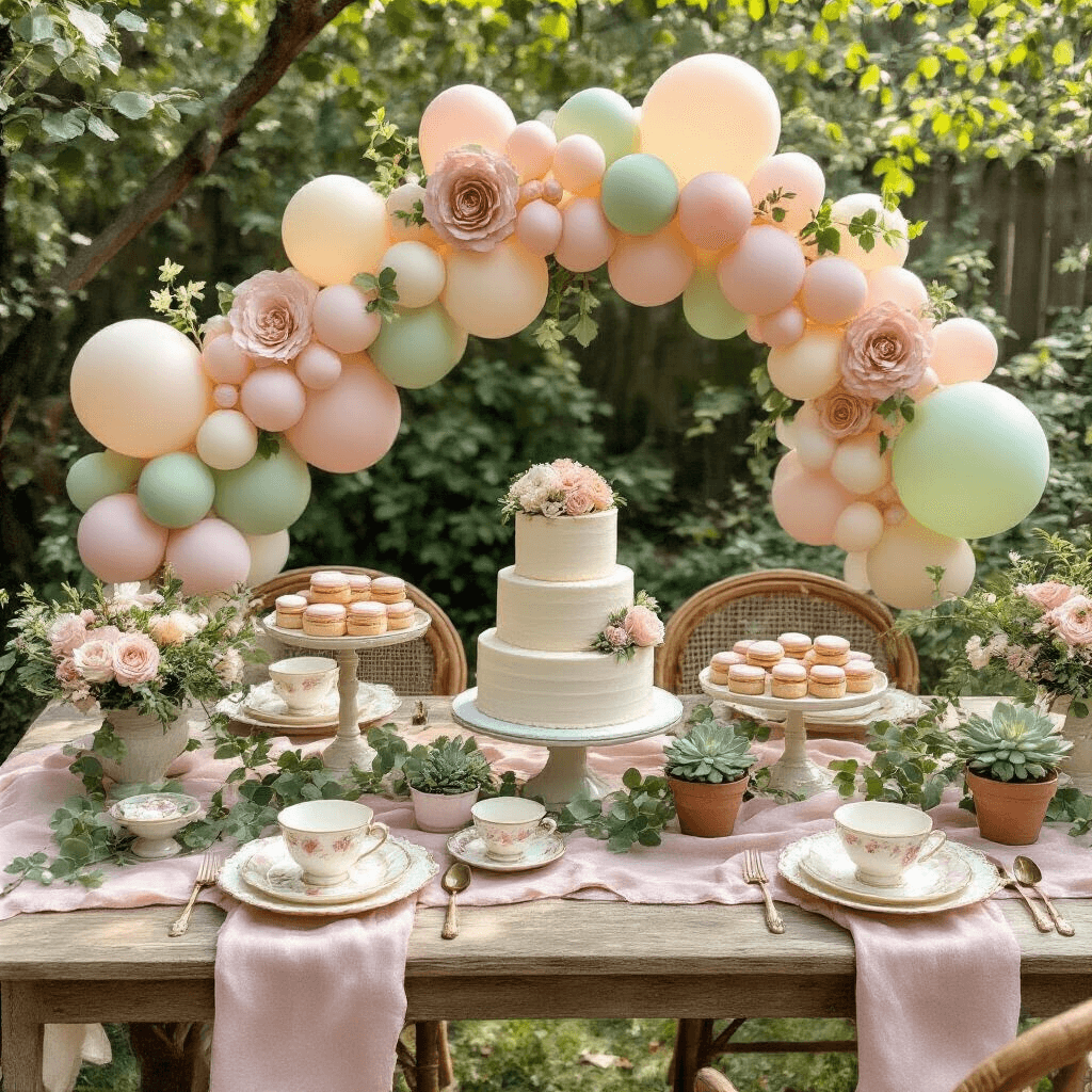 Balloon Arch Decorations: Everything I've Learned From Creating Show-Stopping Party Moments A whimsical garden baby shower setup featuring a rustic wooden farm table adorned with a pastel balloon garland, delicate bone china teacups, potted succulents, vintage brass cake stands with desserts, and a tiered cake, all illuminated by soft morning light.