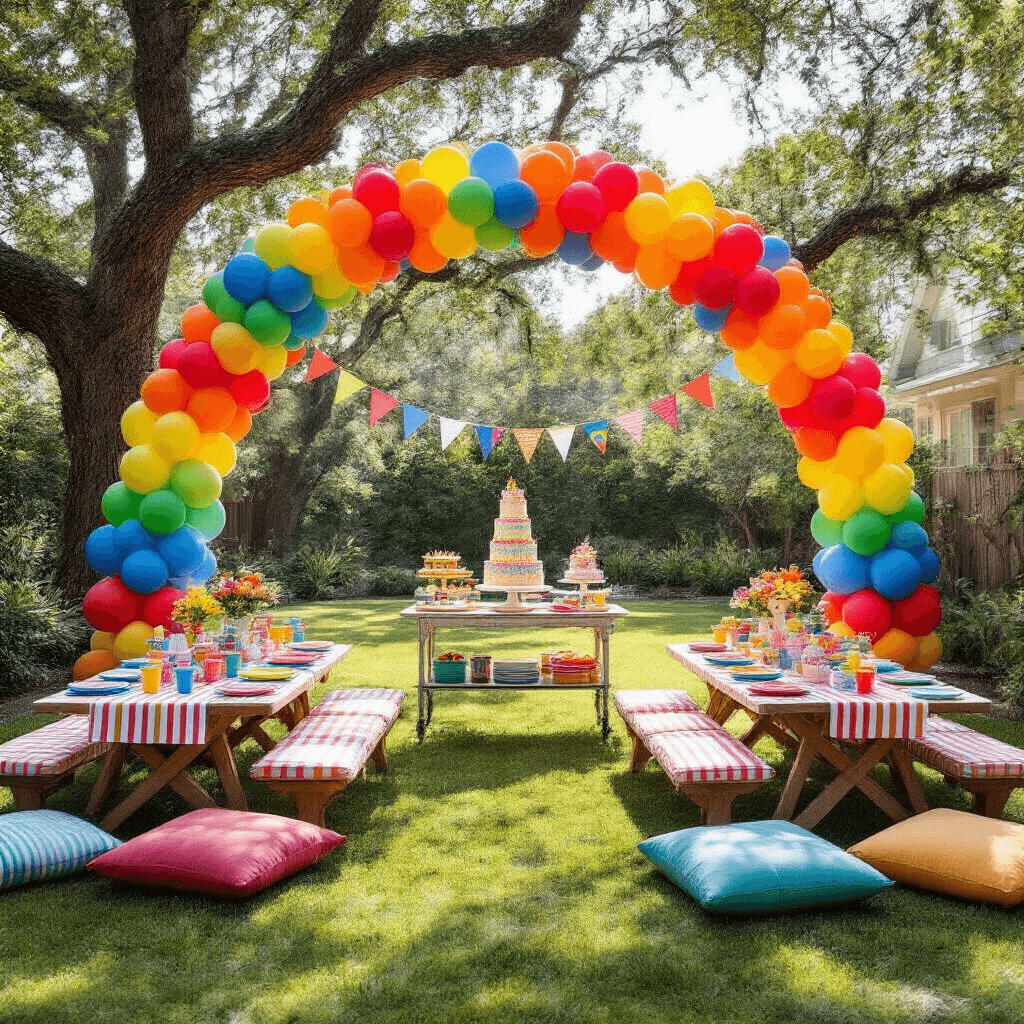 Balloon Arch Decorations: Everything I've Learned From Creating Show-Stopping Party Moments A vibrant children's birthday party in a stylish backyard featuring a rainbow balloon arch, colorful picnic tables with melamine plates, a dessert cart with a sprinkles-covered cake, oversized floor cushions, fluttering pinwheels and bunting, and a bounce house, all under bright midday sun.