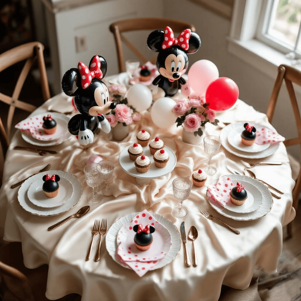 Minnie Mouse Balloons: Everything You Need to Know About Creating Magic at Your Party Overhead flat lay of a whimsical Minnie Mouse party setup in a cozy dining nook, featuring a cream silk tablecloth, DIY balloon animals, Minnie-themed balloons, delicate rose gold flatware, white polka dot napkins, and miniature cupcakes with fondant ears, complemented by fresh peonies in vintage vases and scattered balloon materials, all illuminated by soft morning light.