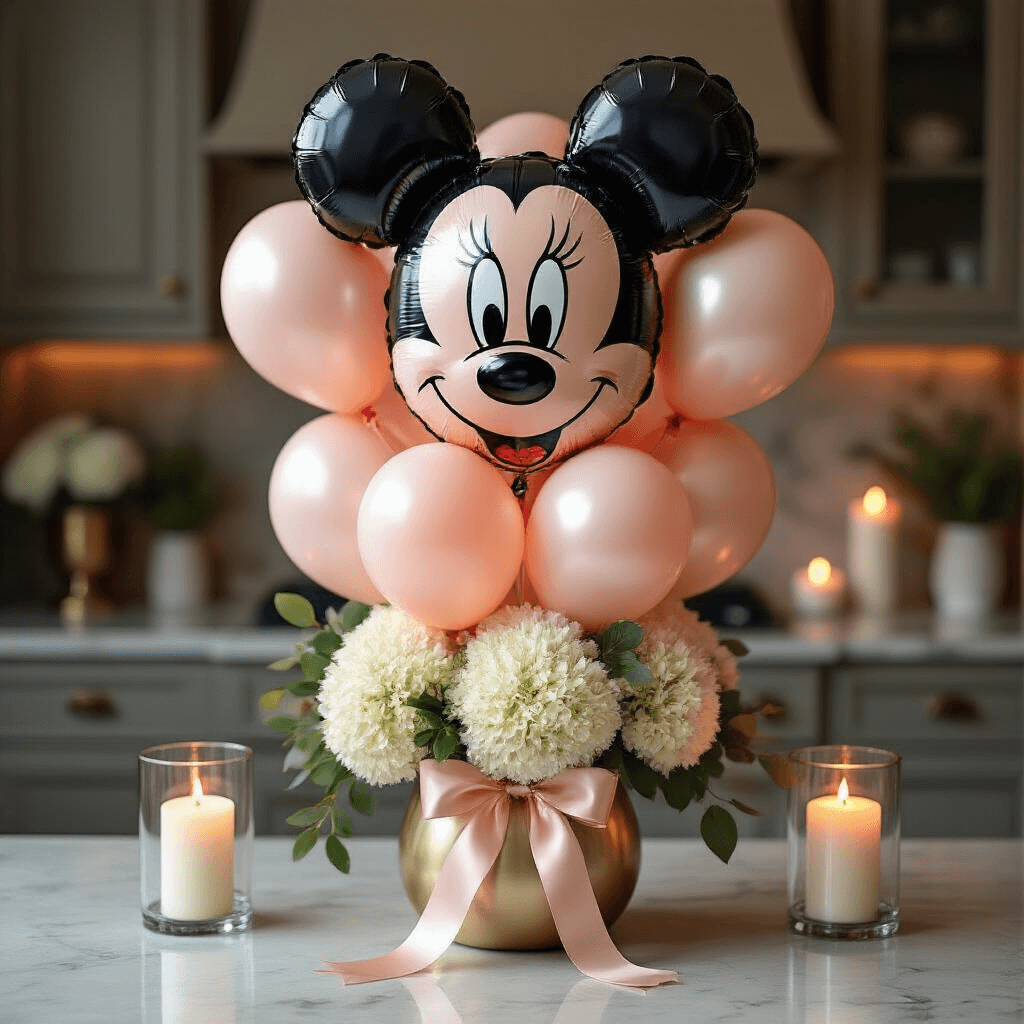 Minnie Mouse Balloons: Everything You Need to Know About Creating Magic at Your Party Close-up shot of a luxurious Minnie Mouse balloon bouquet centerpiece on a marble countertop, featuring foil and latex balloons in blush pink and cream, adorned with silk ribbons and fresh florals, illuminated by candlelight.