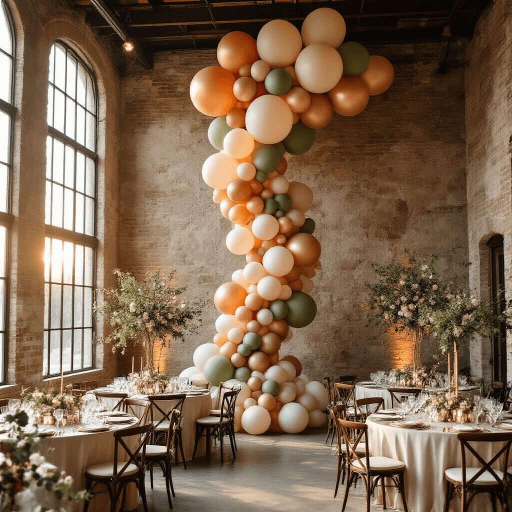 Current Balloon Aesthetic Trends: What's Actually Cool in 2026 A stunning indoor wedding reception with an organic balloon installation in terracotta, sage green, and dusty rose colors spiraling up a stone wall, illuminated by golden hour sunlight streaming through tall windows. Round mahogany tables adorned with ivory linens, eucalyptus garlands, and cream pillar candles create an intimate atmosphere. Chrome rose gold accent balloons reflect the ambient light, while sage ceramic plates and terracotta vessels with single white orchids complete the elegant setting.
